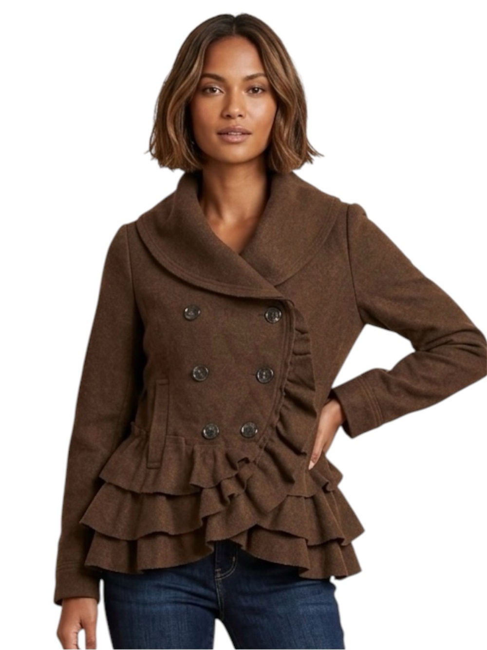 Anthropologie Elevenses Boho Ruffle Hem Peplum Brown Wool Blend Jacket Size 8